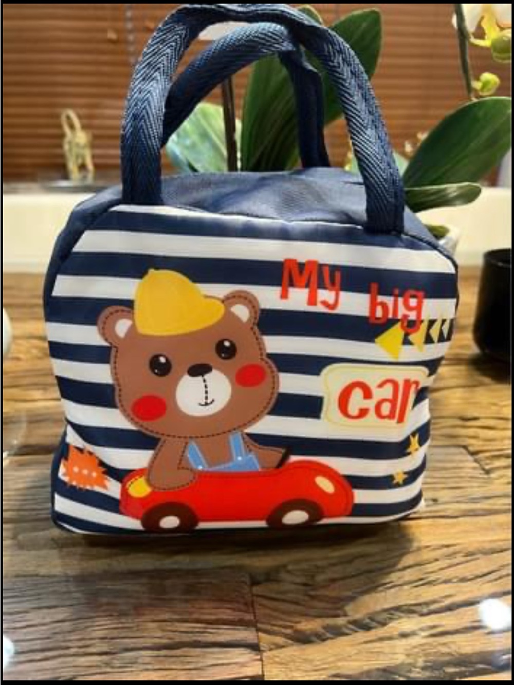 Kids Navy Striped Bear small insulated Lunch Bag with Red Car